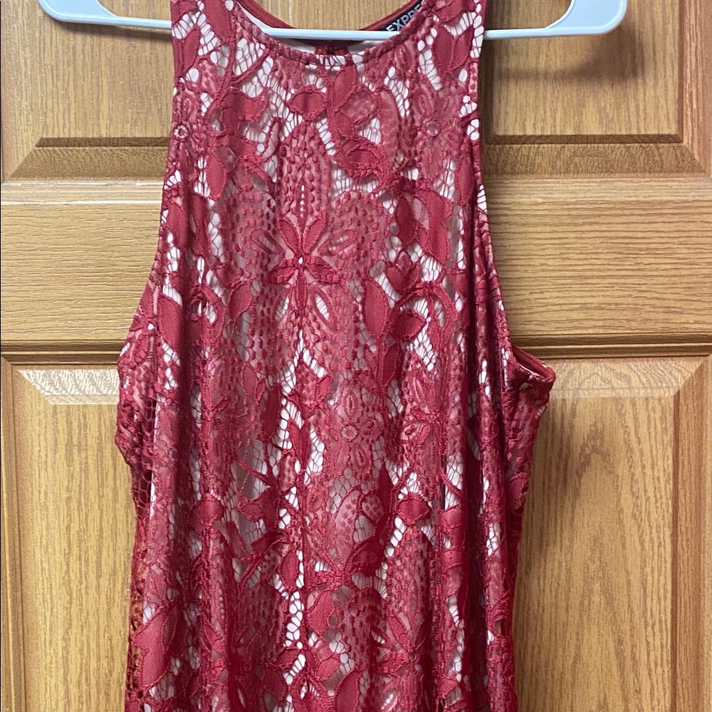 Maroon/dark red lace dress.